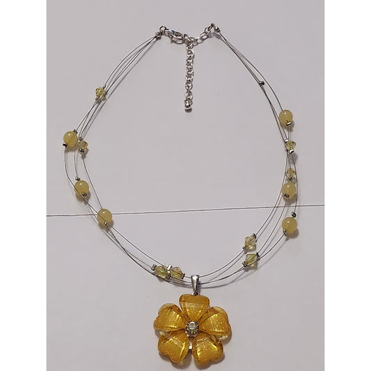 Yellow Floral Jewelry Set Necklace Earrings and Stretch Ring Silver Tone 3pc