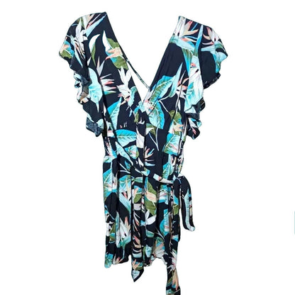 Shein Tropical Floral Tie Waist Sleeveless Halter Romper Womens Medium Black