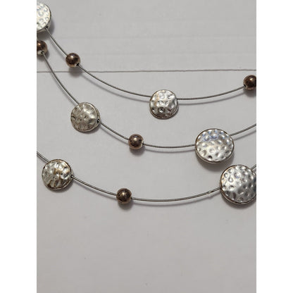 Silver Tone Triple Strand Wire Necklace Hammered Disc Beaded Layered Minimalist