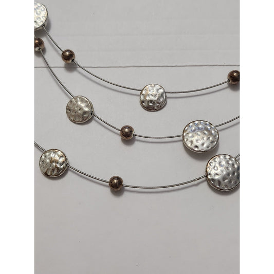 Silver Tone Triple Strand Wire Necklace Hammered Disc Beaded Layered Minimalist
