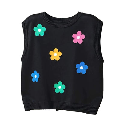 Shein Retro Floral Sweater Vest Black Sleeveless Knit Flower Applique Top Large
