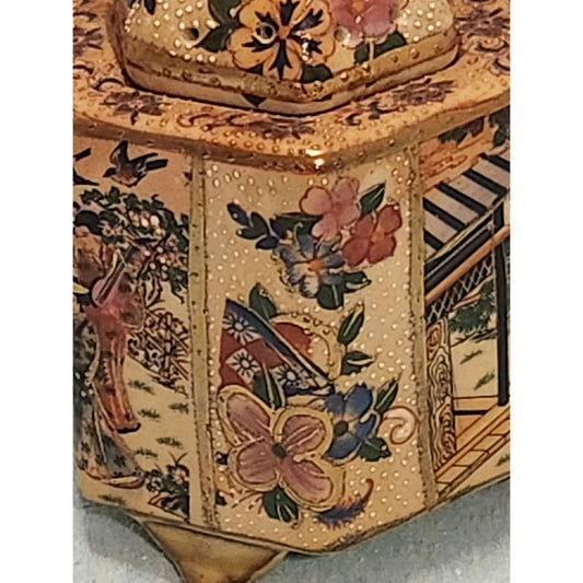 Vintage Satsuma Style Hexagonal Ginger Jar Foo Dog Lid Moriage Gold Gilt Geisha
