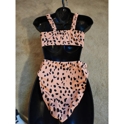 Anna-Kaci Womens Dalmatian Print High Waisted Bikini Set Tan Black NEW