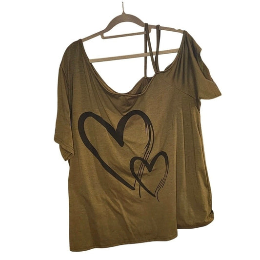 Womens Olive Green Cold Shoulder Strappy Top Short Sleeve Black Heart Graphic