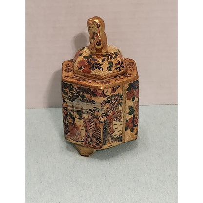 Vintage Satsuma Style Hexagonal Ginger Jar Foo Dog Lid Moriage Gold Gilt Geisha