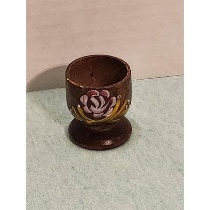 Vintage Hand Painted Wooden Egg Cups Set of 4 Floral Rose Folk Art Kitchenware