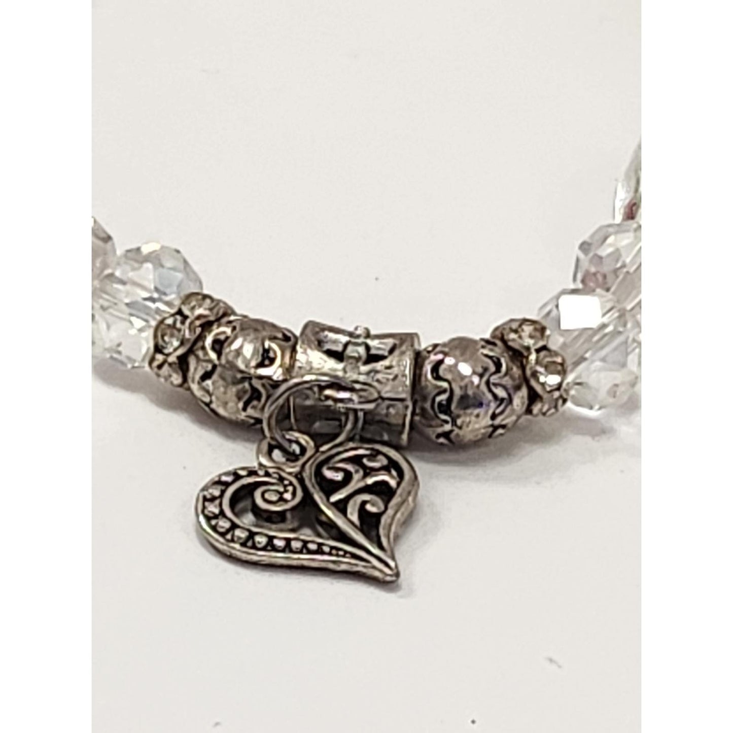 Vintage Style Floral Glass Rose Heart Charm Stretch Bracelet Silver Tone Pink
