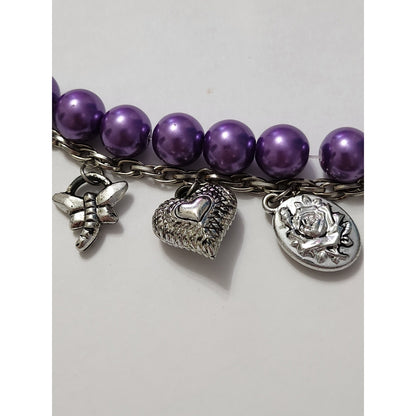 Purple Pearl Silver Charm Jewelry Set Necklace Bracelet Earrings Heart Dragonfly