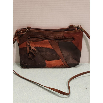 Vintage Patchwork Leather Crossbody Bag Brown Boho Tassel Zipper Purse Small
