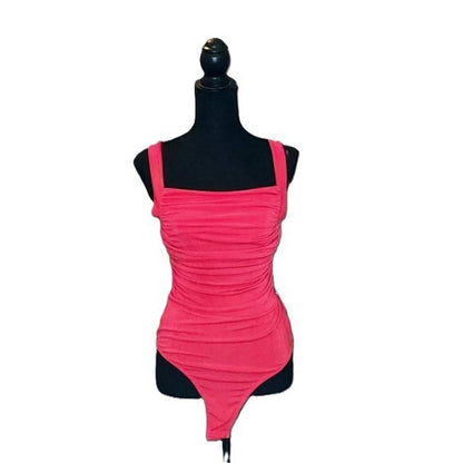 Lush Hot Pink Ruched Open Back Strappy Bodysuit Square Neck Sleeveless Top