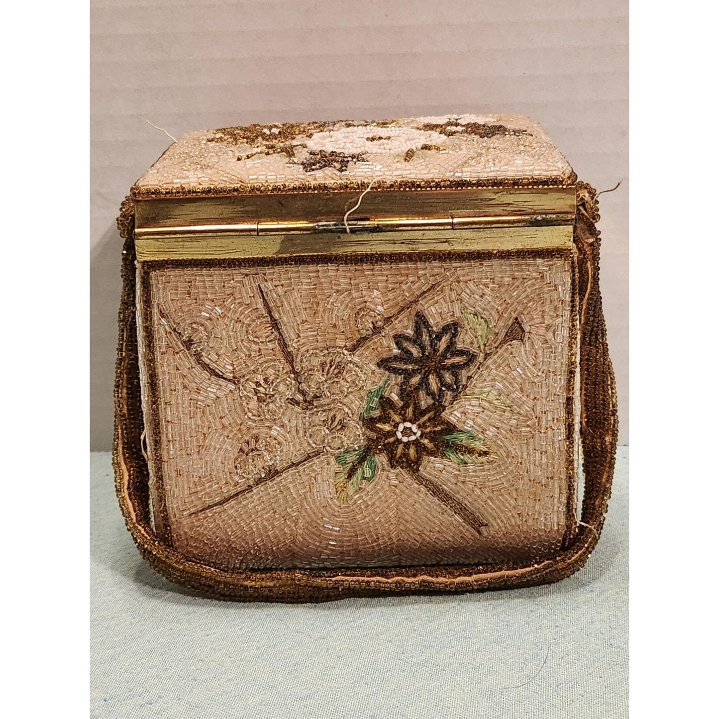 Vintage Tori Beaded Box Purse Made in Japan Floral MCM Evening Bag Top Handle