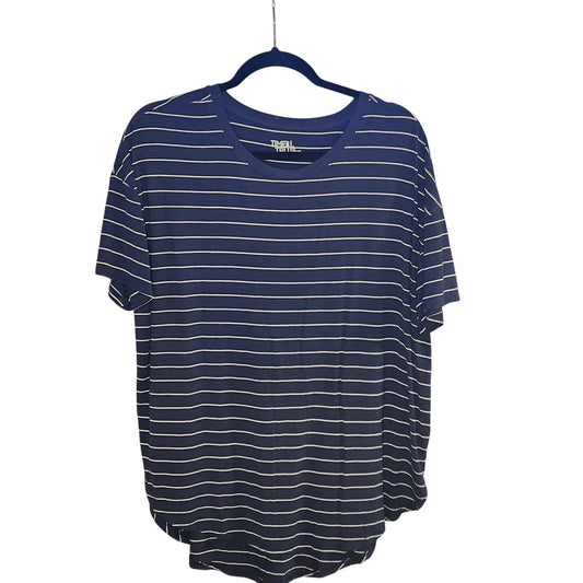 Time and Tru Womens Navy Blue White Striped T-Shirt Crew Neck Curved Hem Large