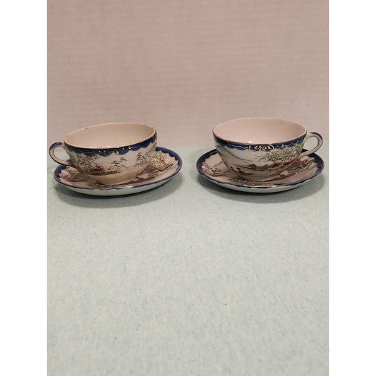 Vintage Hand Painted Japanese Eggshell Porcelain Tea Cup and Saucer Set of 2