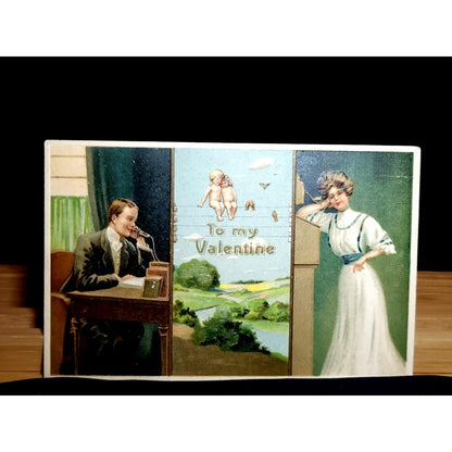 VTG Valentine Postcard Lot 5 Embossed Germany Cupid Car Telephone Doves 1910s