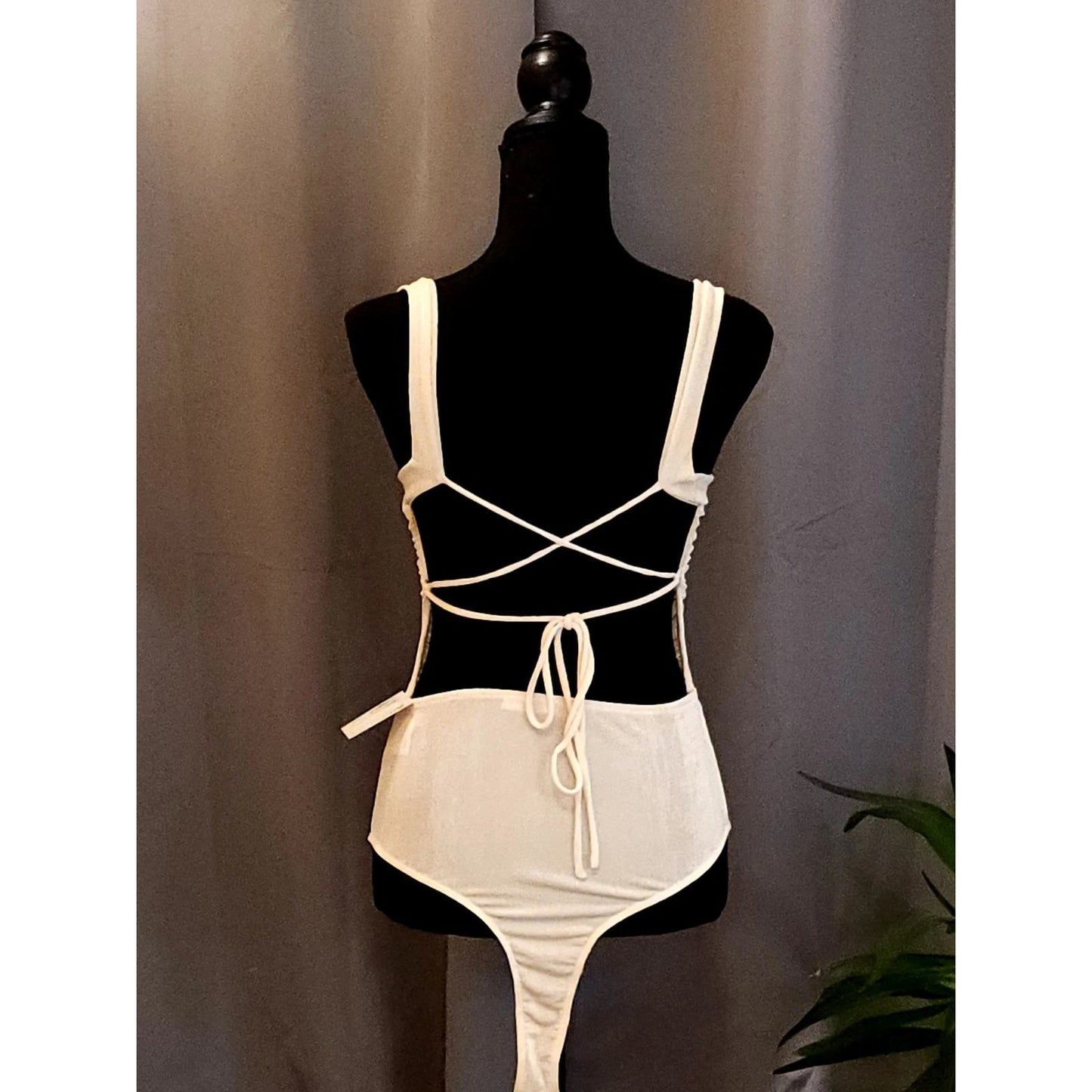 Lush Cream Ruched Open Back Strappy Bodysuit Cami Leotard Top NWT