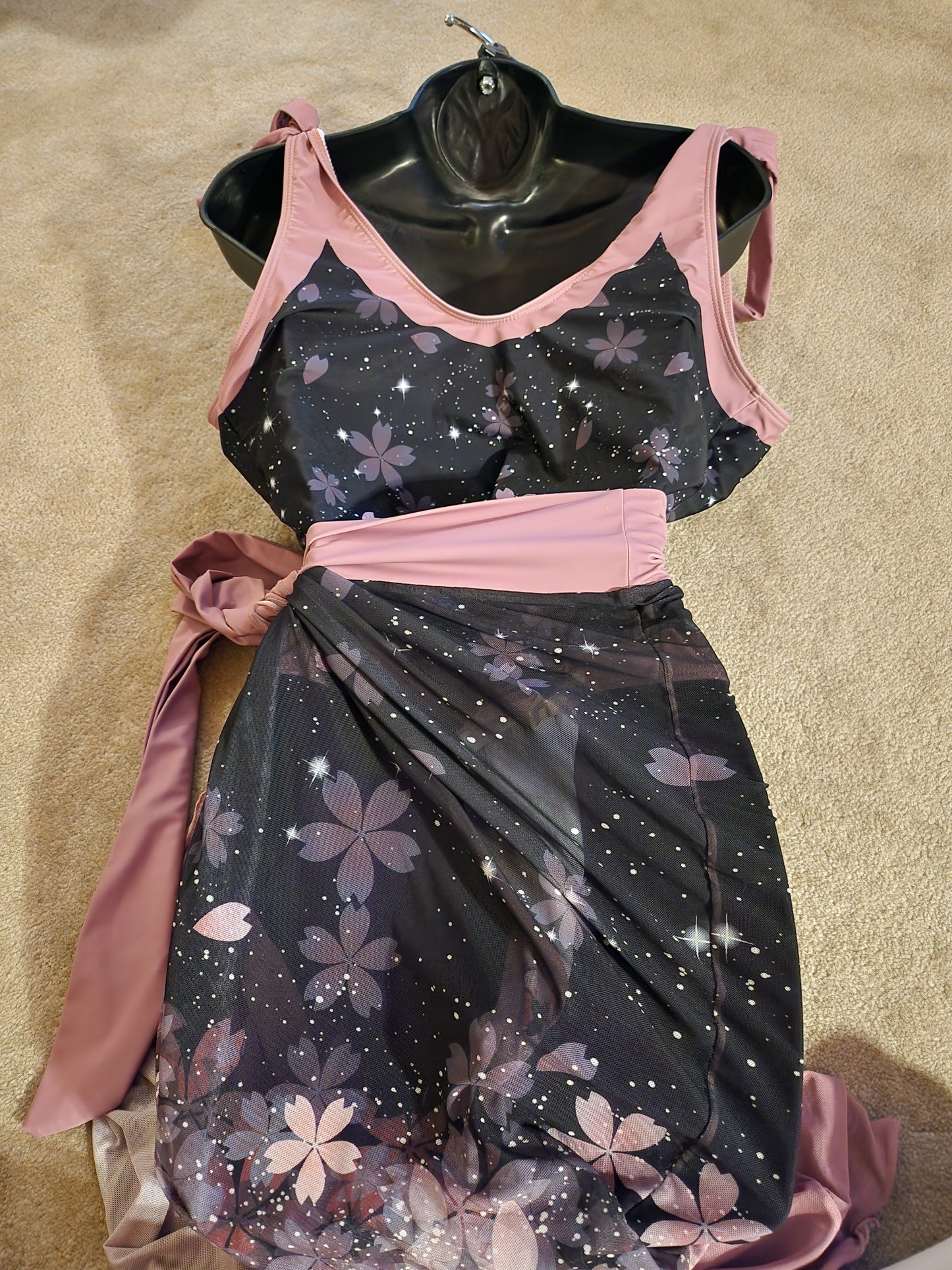 Sakura Cherry Blossom Celestial Swimsuit and Sarong Set Black Pink 2XL