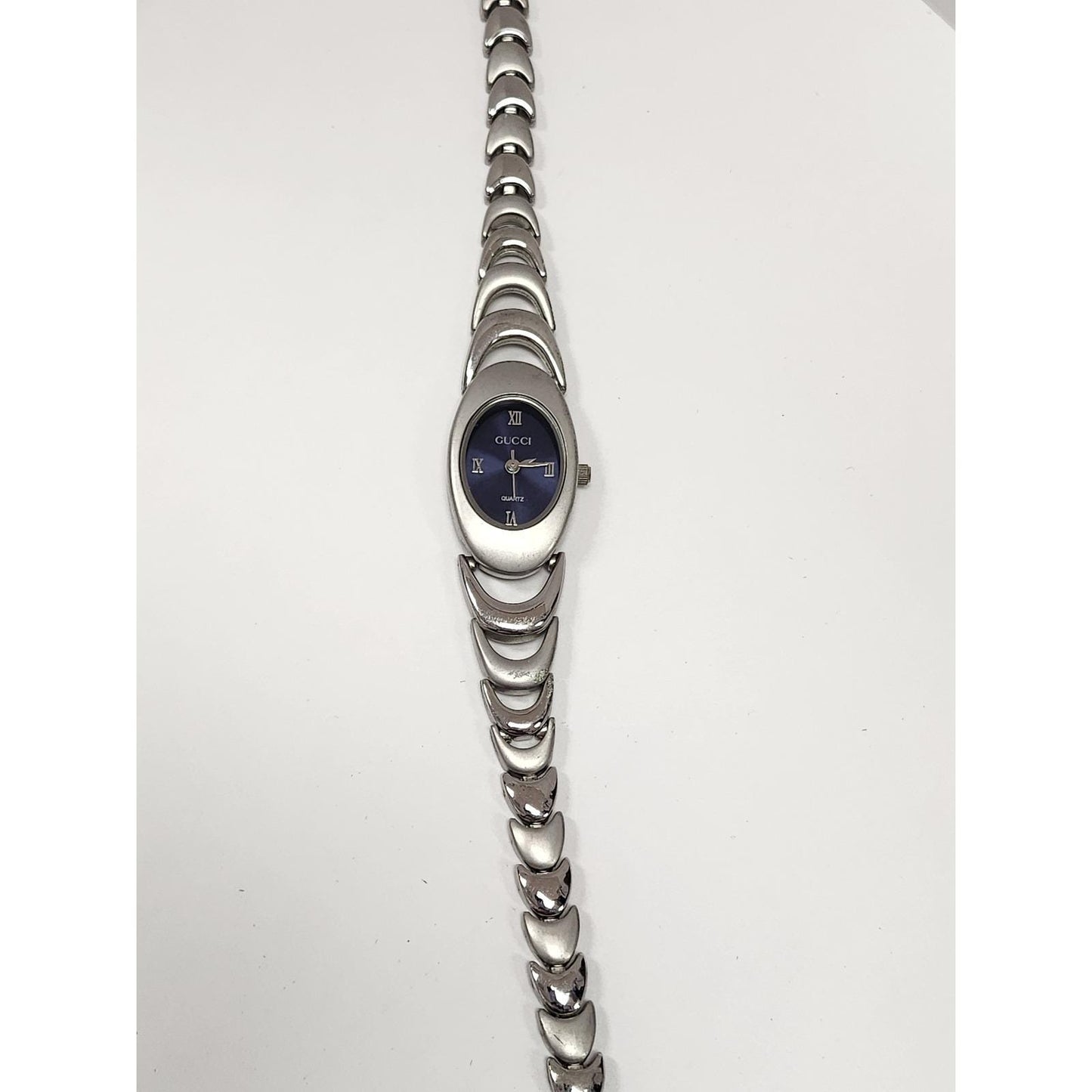 Vintage Gucci Quartz Watch Blue Dial Silver Tone Link Bracelet Needs Battery