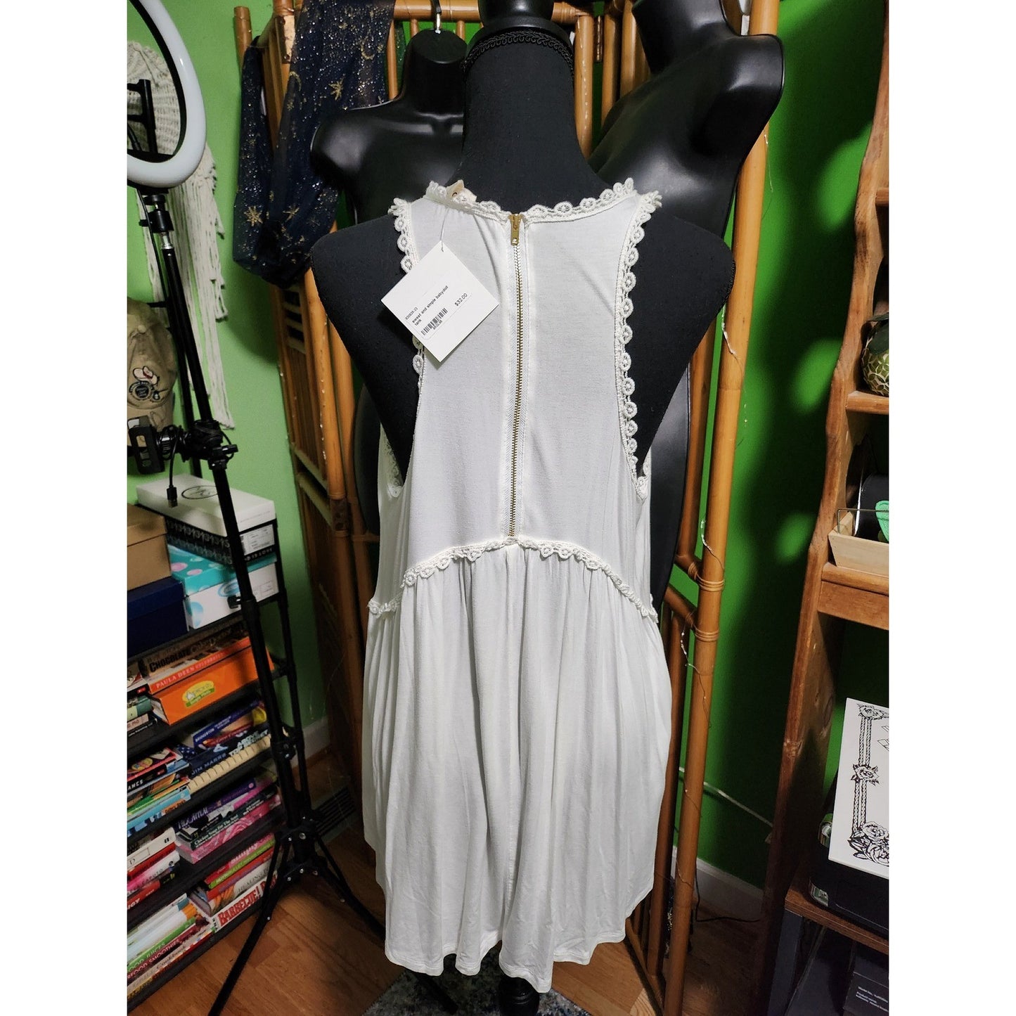 POLWhite Babydoll Tank Top Crochet Lace Trim Racerback Zipper