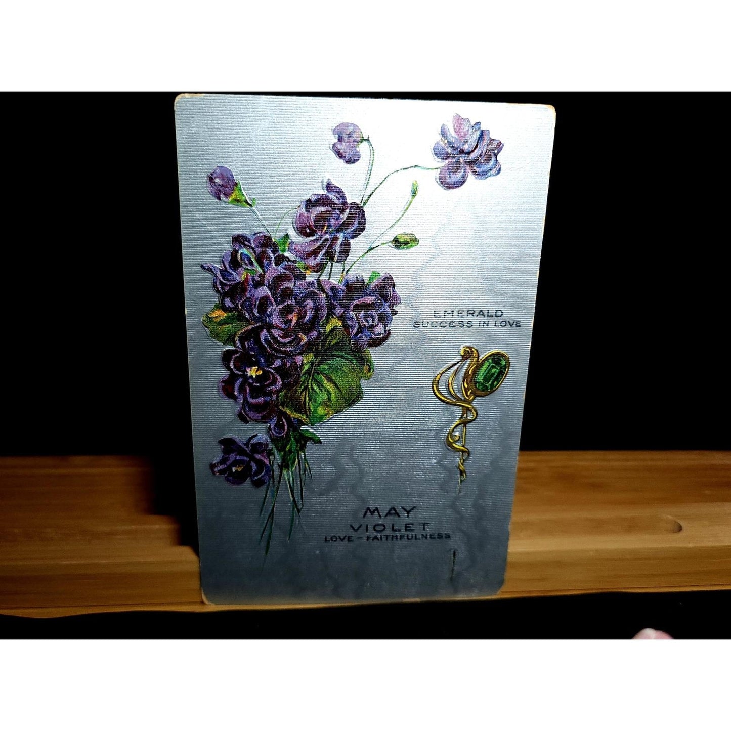 VTG May Birth Month Postcard Violet Flower Emerald Gemstone Embossed Unposted