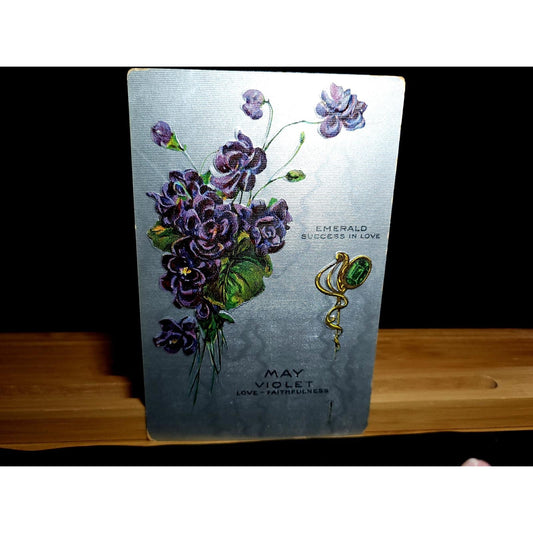 VTG May Birth Month Postcard Violet Flower Emerald Gemstone Embossed Unposted