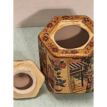 Vintage Satsuma Style Hexagonal Ginger Jar Foo Dog Lid Moriage Gold Gilt Geisha