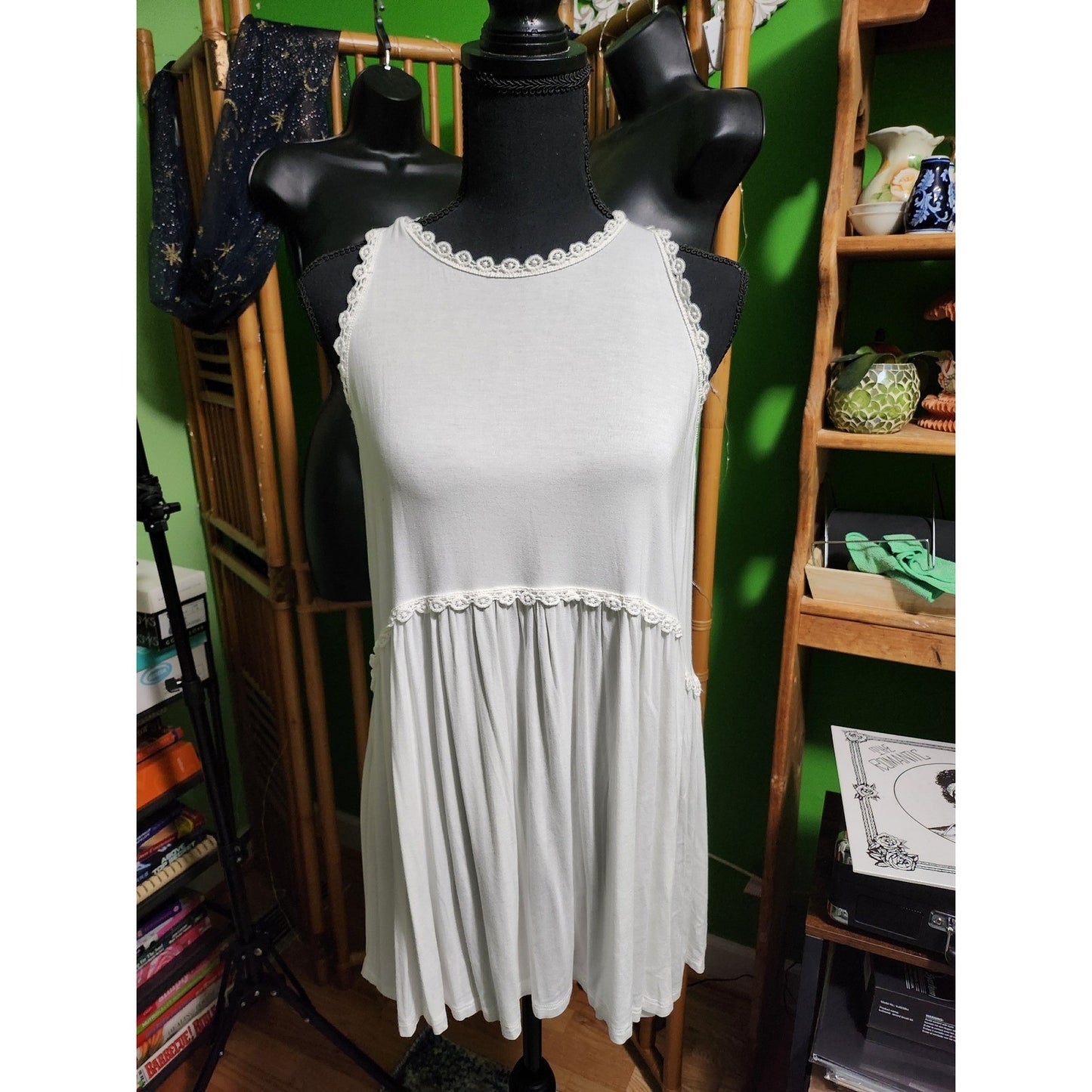 POLWhite Babydoll Tank Top Crochet Lace Trim Racerback Zipper