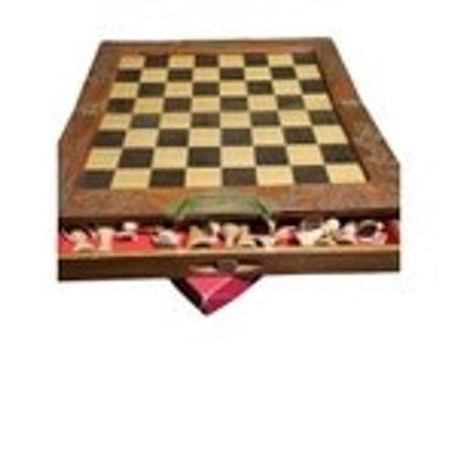 VTG Carved Wood Folding Chess Set Complete Board Dragon Design Brass Hardware