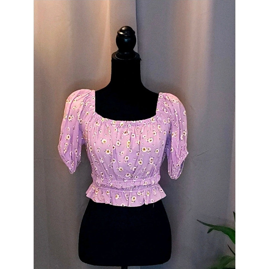 Abound Top Purple Floral Puff Sleeve Square Neck Smocked Waist Peasant Blouse