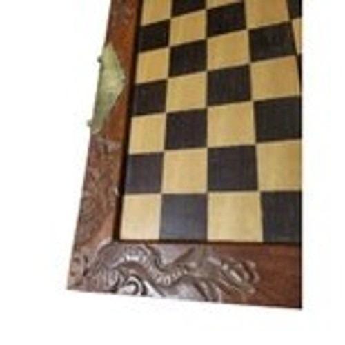 VTG Carved Wood Folding Chess Set Complete Board Dragon Design Brass Hardware