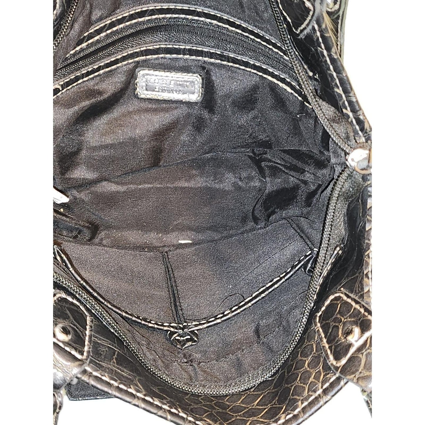 Rosetti Black Faux Snakeskin Shoulder Bag Organizer Purse Contrast Stitching