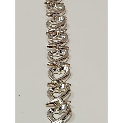 Sterling Silver 925 Open Heart and X Kiss Link Bracelet Polished Romantic Style