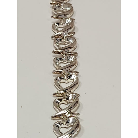 Sterling Silver 925 Open Heart and X Kiss Link Bracelet Polished Romantic Style