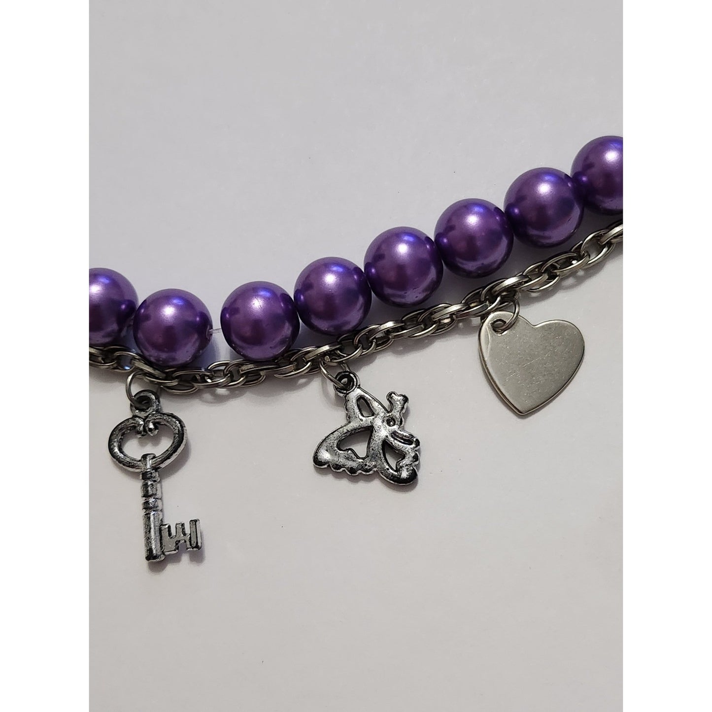 Purple Pearl Silver Charm Jewelry Set Necklace Bracelet Earrings Heart Dragonfly