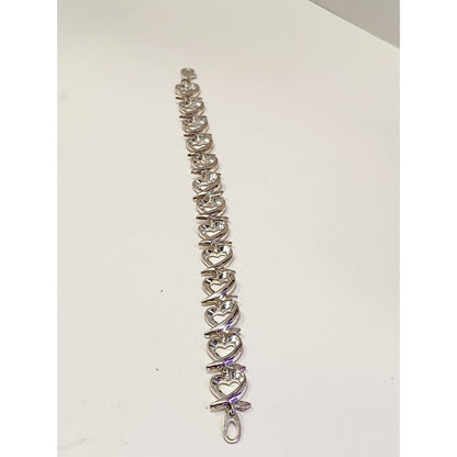 Sterling Silver 925 Open Heart and X Kiss Link Bracelet Polished Romantic Style