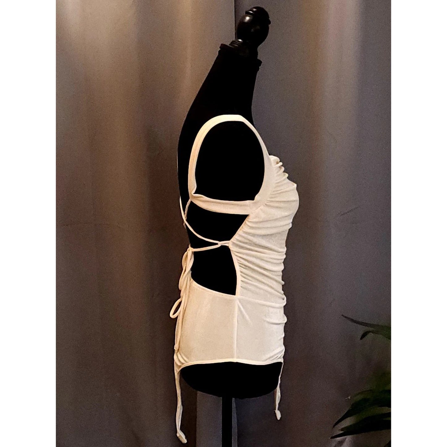 Lush Cream Ruched Open Back Strappy Bodysuit Cami Leotard Top NWT