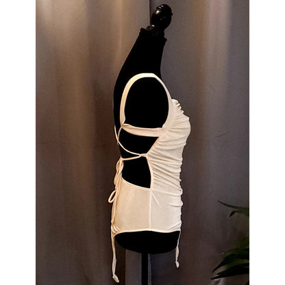 Lush Cream Ruched Open Back Strappy Bodysuit Cami Leotard Top NWT