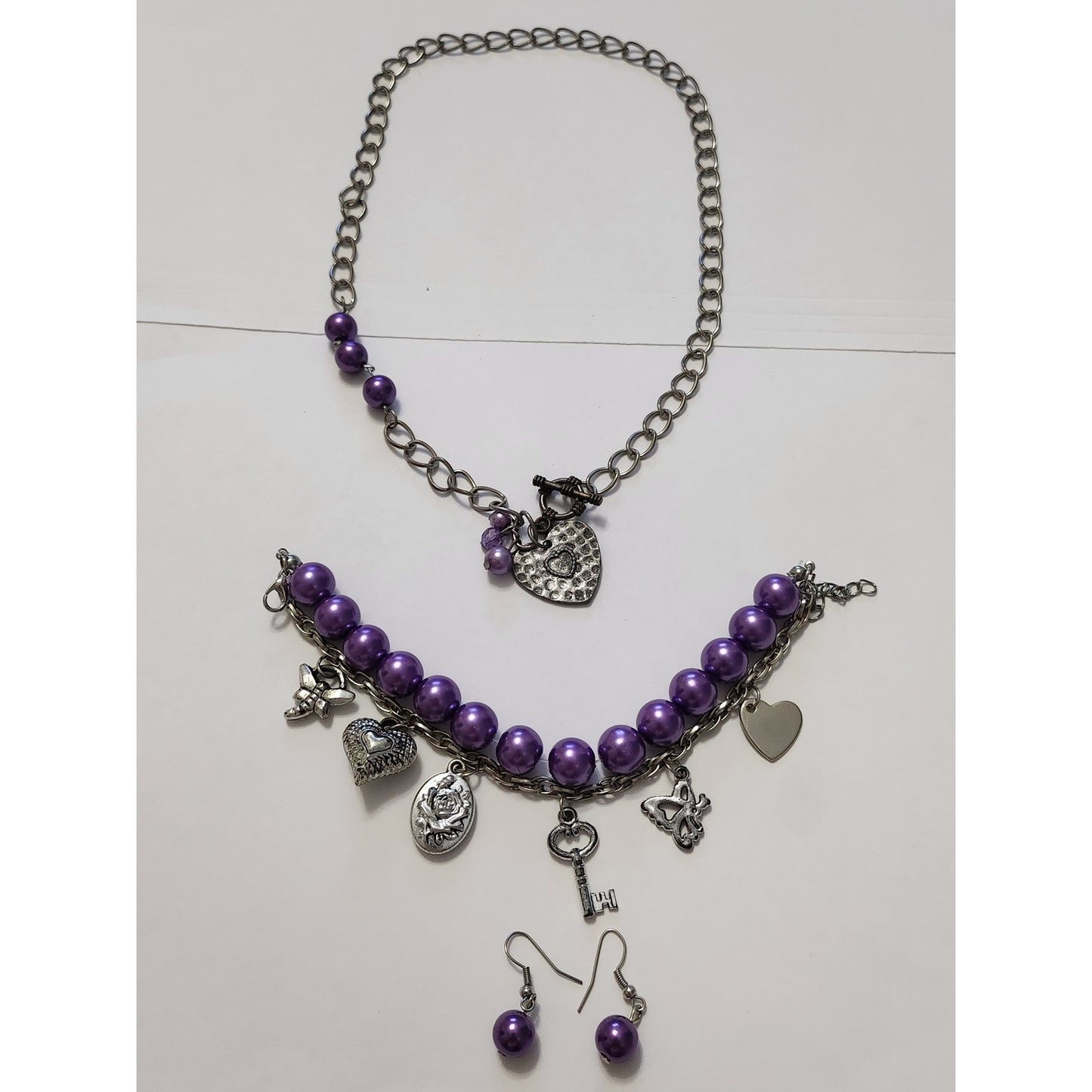Purple Pearl Silver Charm Jewelry Set Necklace Bracelet Earrings Heart Dragonfly