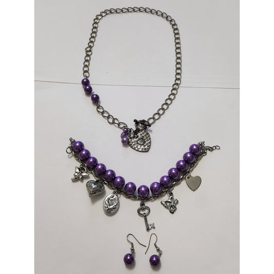 Purple Pearl Silver Charm Jewelry Set Necklace Bracelet Earrings Heart Dragonfly