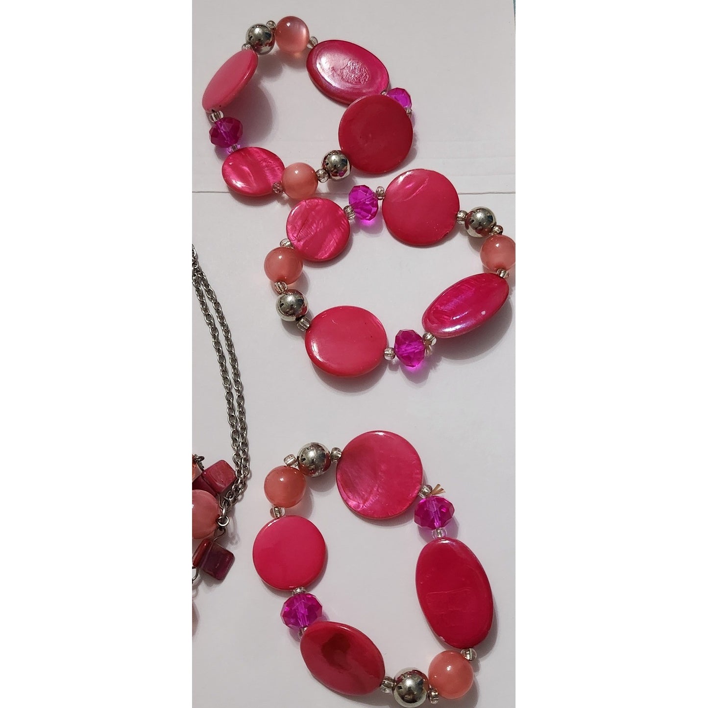 Pink Coral Shell Bead Jewelry Set Necklace 3 Bracelets Earrings Boho 5pc Set