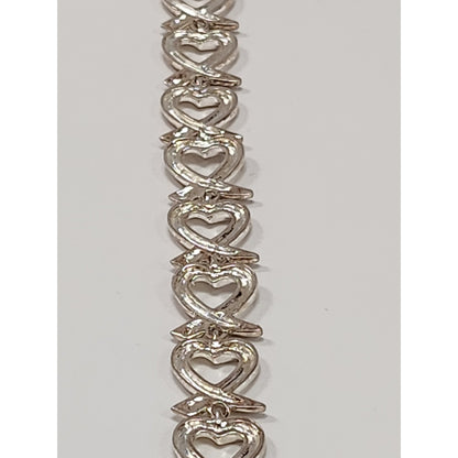 Sterling Silver 925 Open Heart and X Kiss Link Bracelet Polished Romantic Style