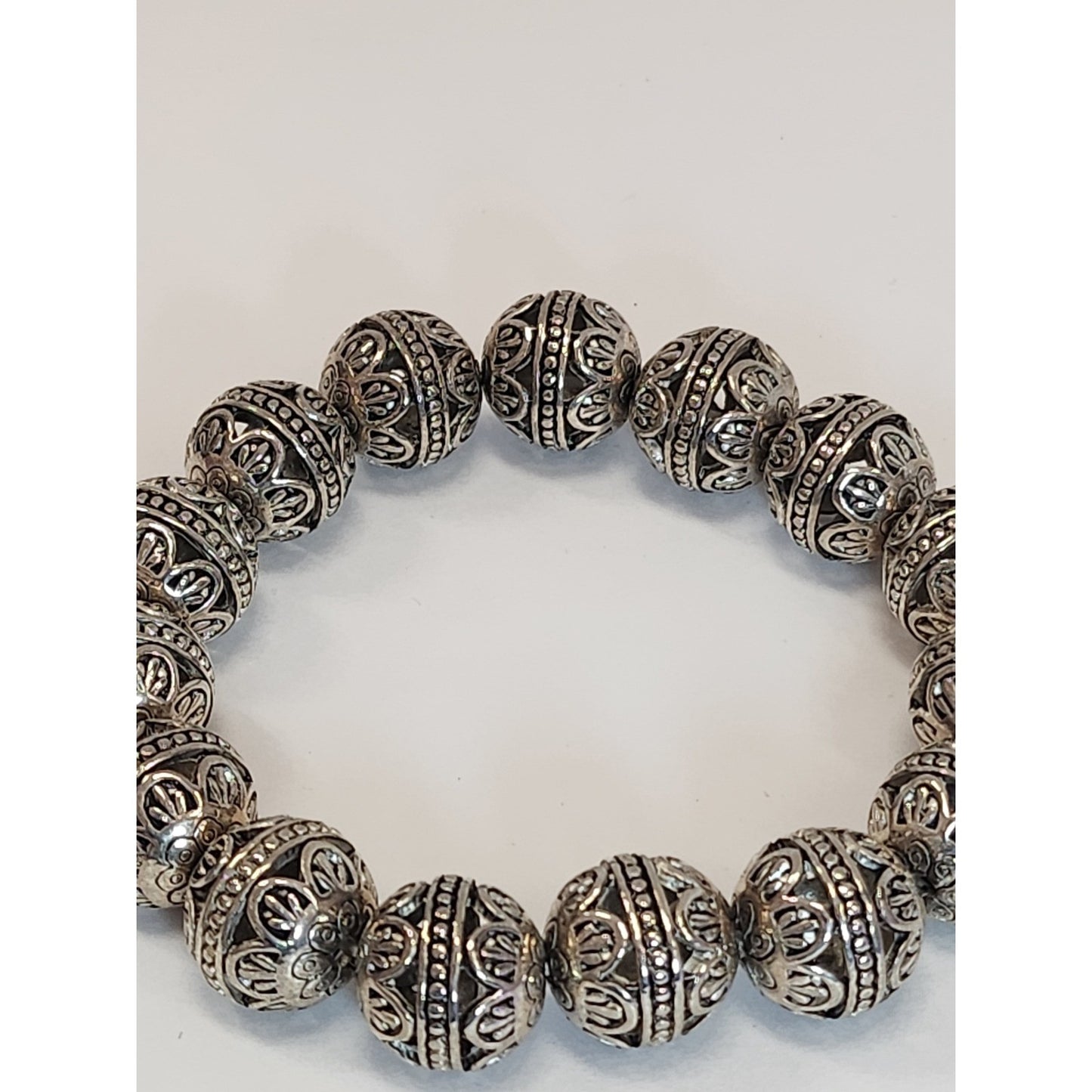 Silver Tone Filigree Beaded Stretch Bracelet Ornate Boho Openwork Ball Jewelry