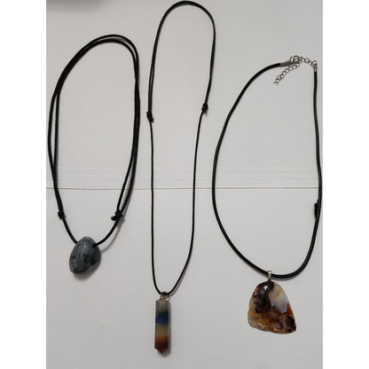 Set of 3 Stone Pendant Necklaces Agate Chakra Point Marbled Boho Cord Jewelry