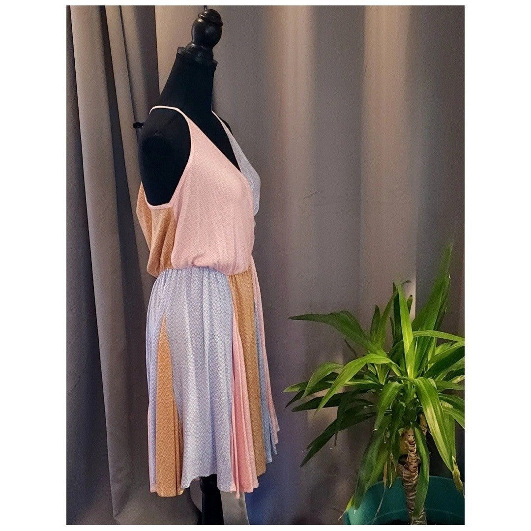 SugarFox Colorblock Ditsy Floral Surplice V-Neck Mini Dress Pink Blue Mustard L