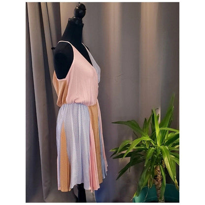 SugarFox Colorblock Ditsy Floral Surplice V-Neck Mini Dress Pink Blue Mustard L