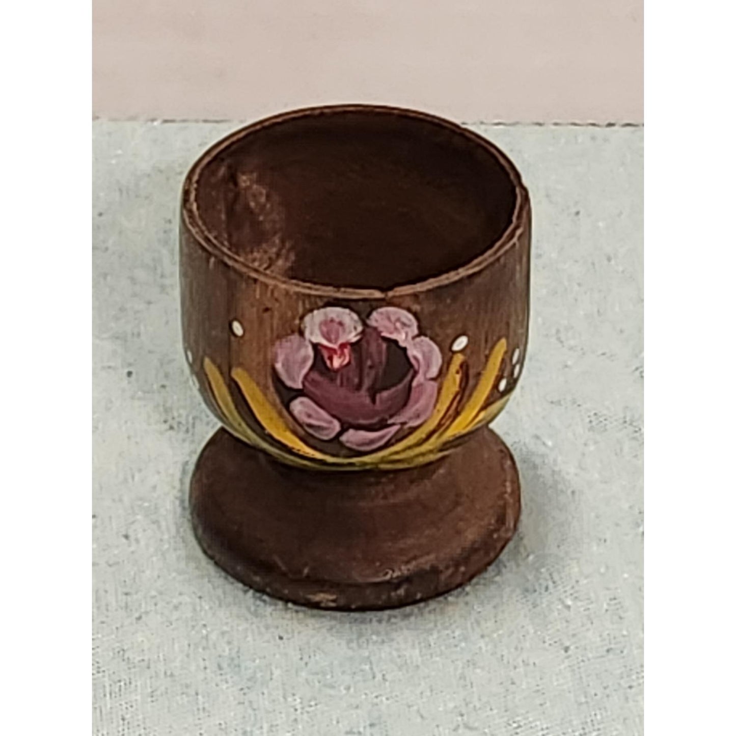 Vintage Hand Painted Wooden Egg Cups Set of 4 Floral Rose Folk Art Kitchenware