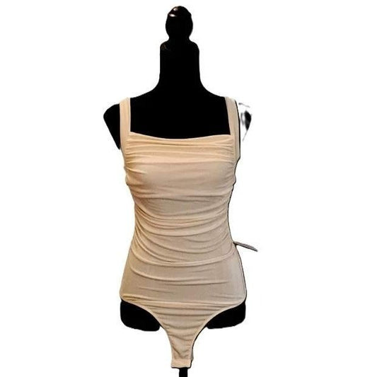 Lush Cream Ruched Open Back Strappy Bodysuit Cami Leotard Top NWT