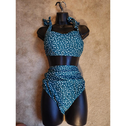 Anna-Kaci Green Polka Dot High Waisted Bikini Set Tie Shoulder Swimsuit NEW