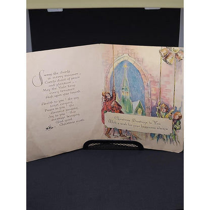 Vintage Merrie Christmas Greeting Card Hearth Scene Bell Ringers Illustration