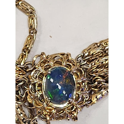 Vintage Multi Strand Gold Tone Black Opal Cabochon Statement Bracelet Clasp