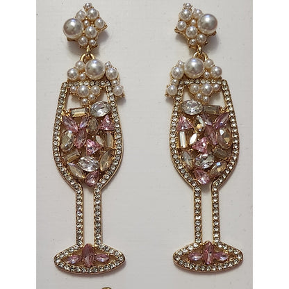 Piper K Champagne Flute Drop Earrings Pink Glass Stones Faux Pearl Gold Tone
